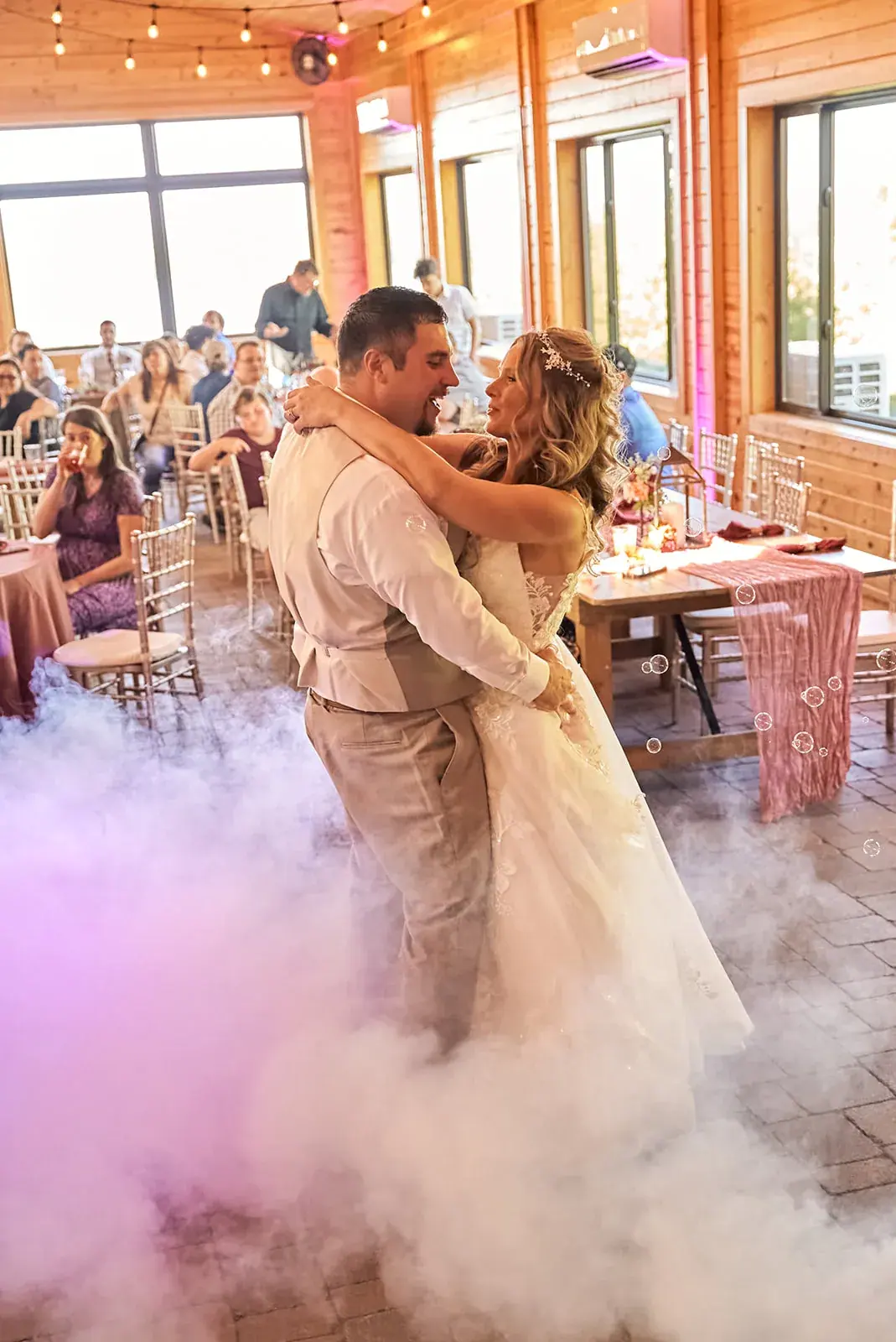 First dance fog — Jess & Bryce's wedding at The Manor at Fire Tower Hill, Lewiston