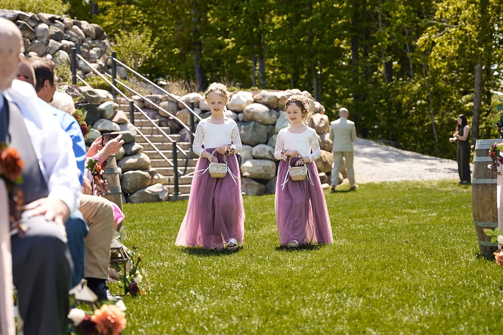 Flower girls walking lawn — Jess & Bryce's wedding at The Manor at Fire Tower Hill, Lewiston
