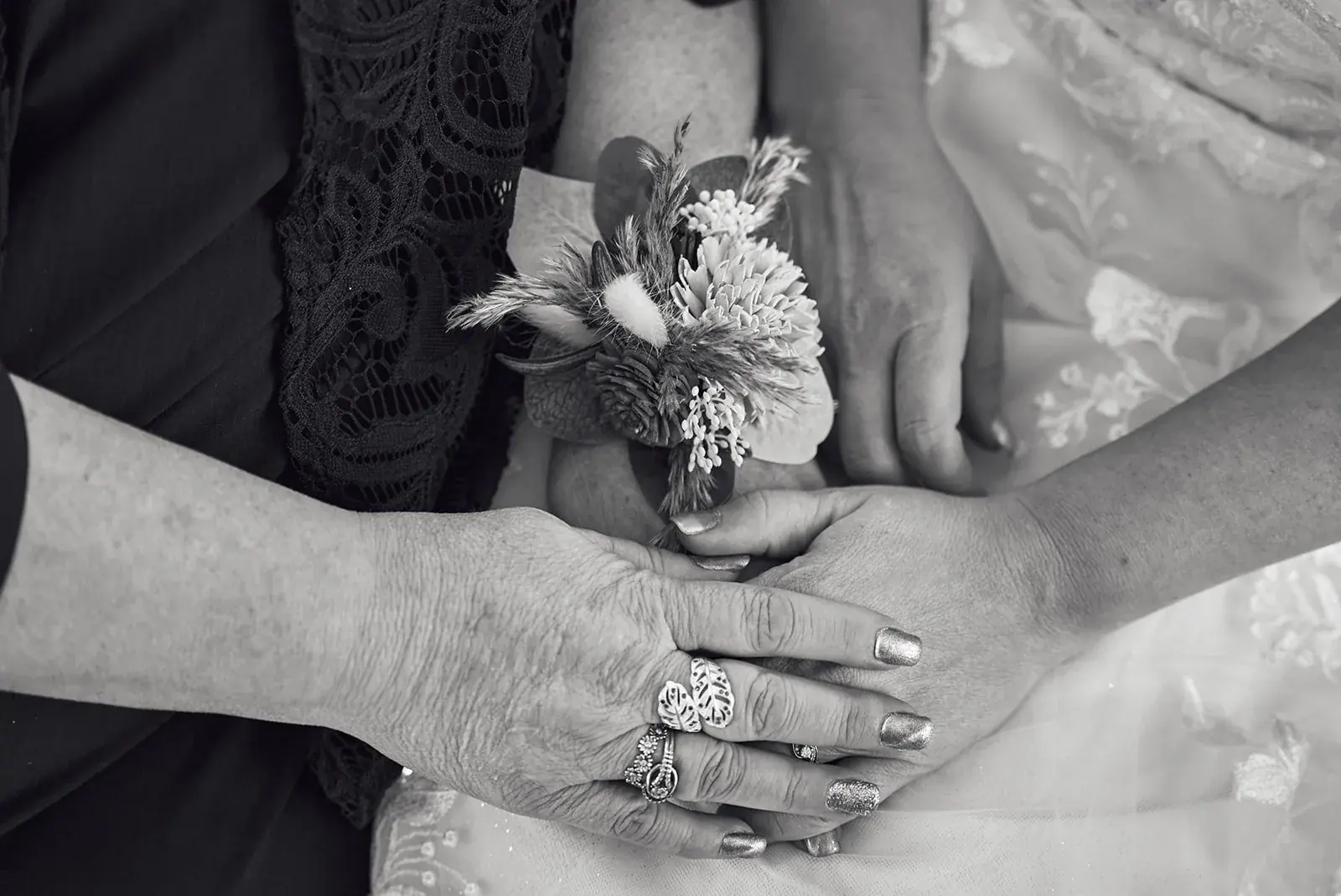 Hands rings bouquet in black and white — Jess & Bryce's wedding at The Manor at Fire Tower Hill, Lewiston