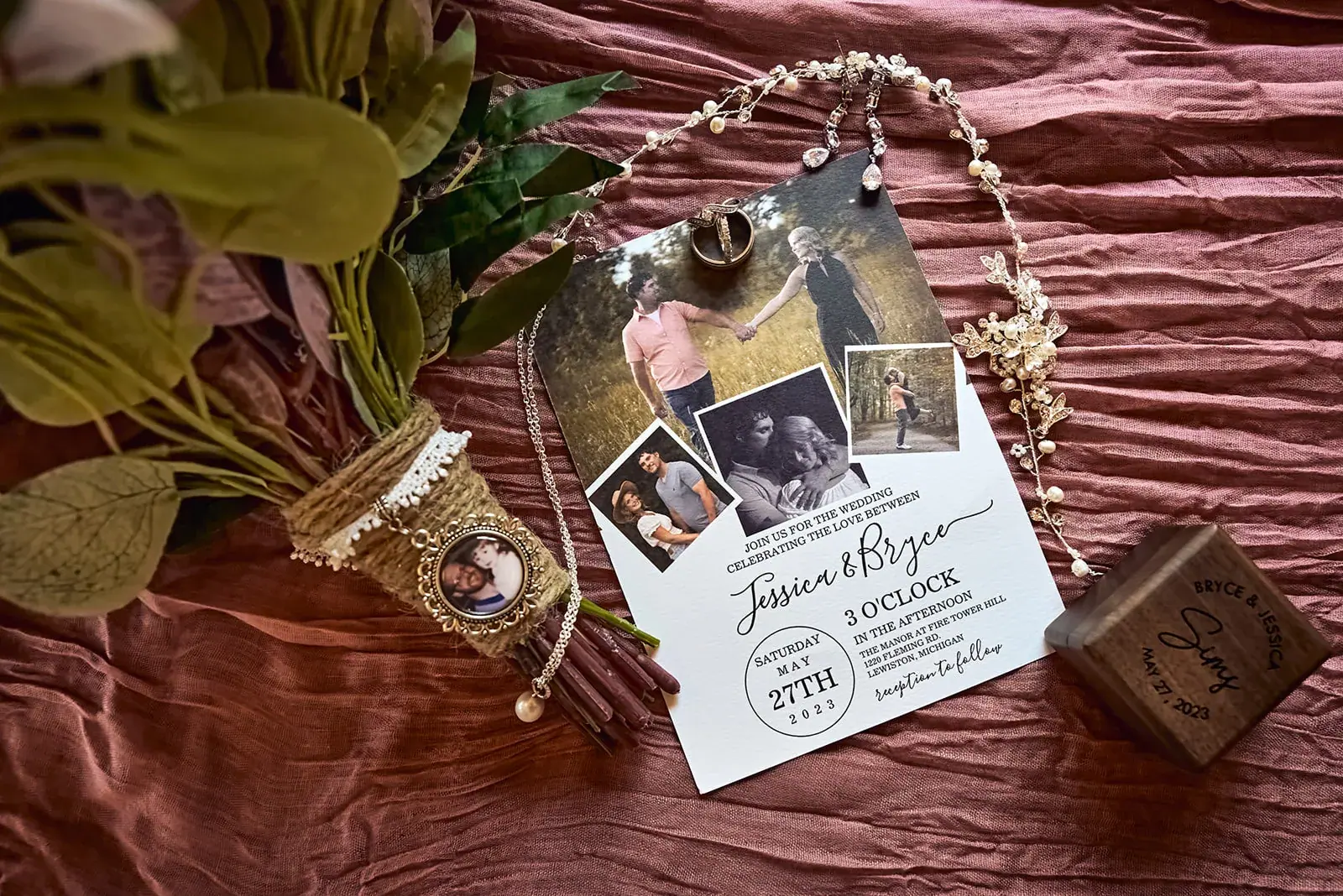 Invitation bouquet detail — Jess & Bryce's wedding at The Manor at Fire Tower Hill, Lewiston