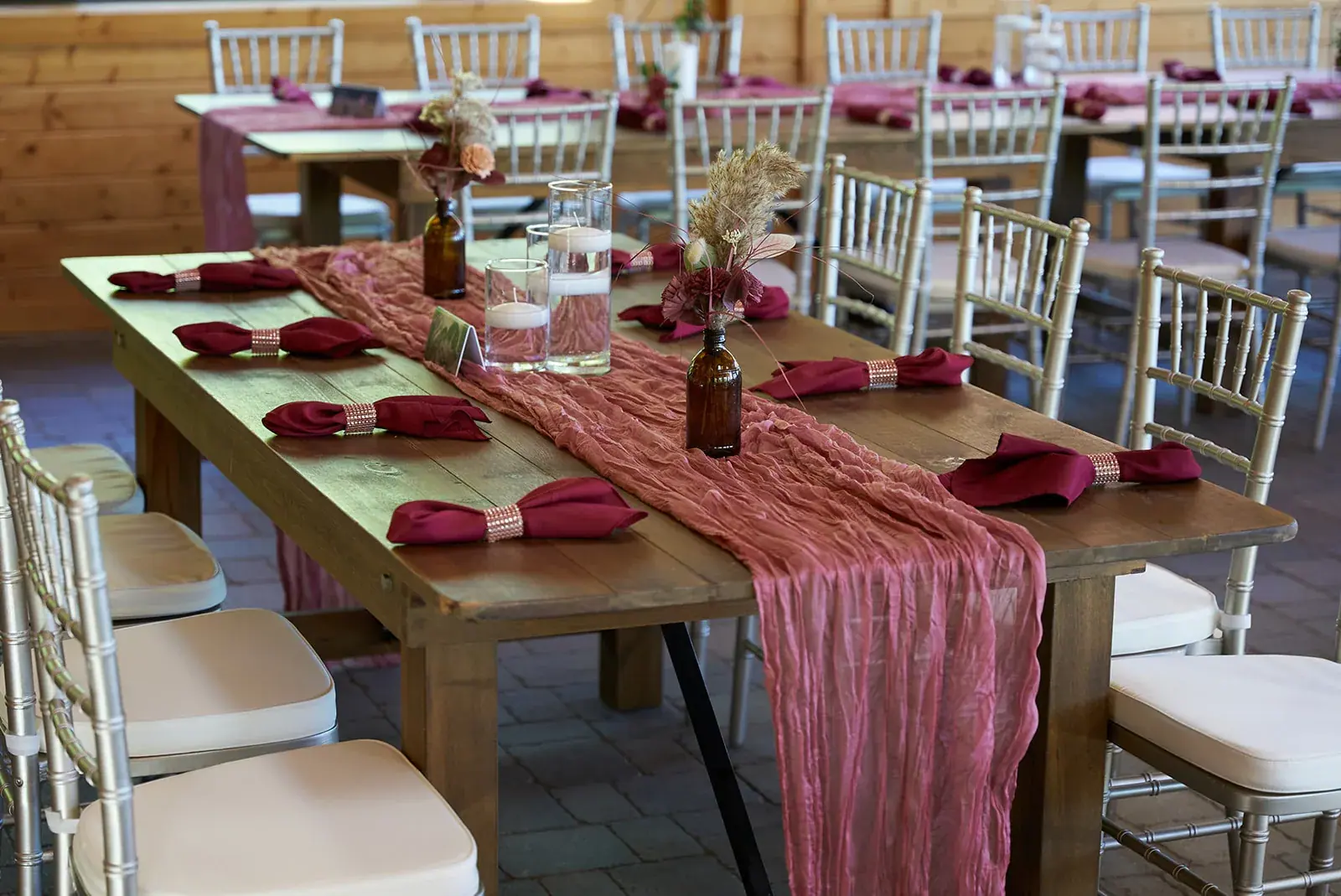 Reception table mauve runner — Jess & Bryce's wedding at The Manor at Fire Tower Hill, Lewiston
