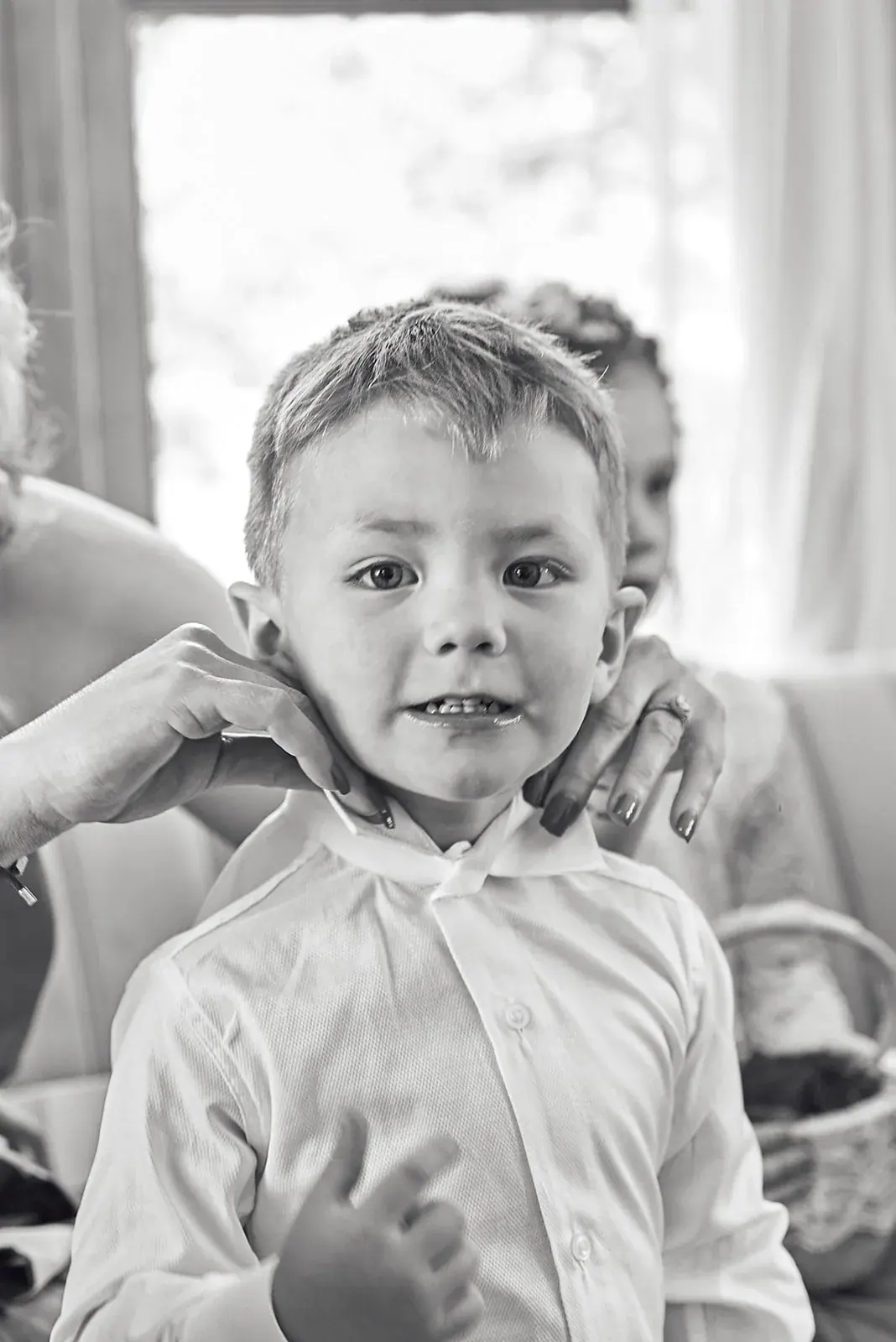 Ring bearer close in black and white — Jess & Bryce's wedding at The Manor at Fire Tower Hill, Lewiston