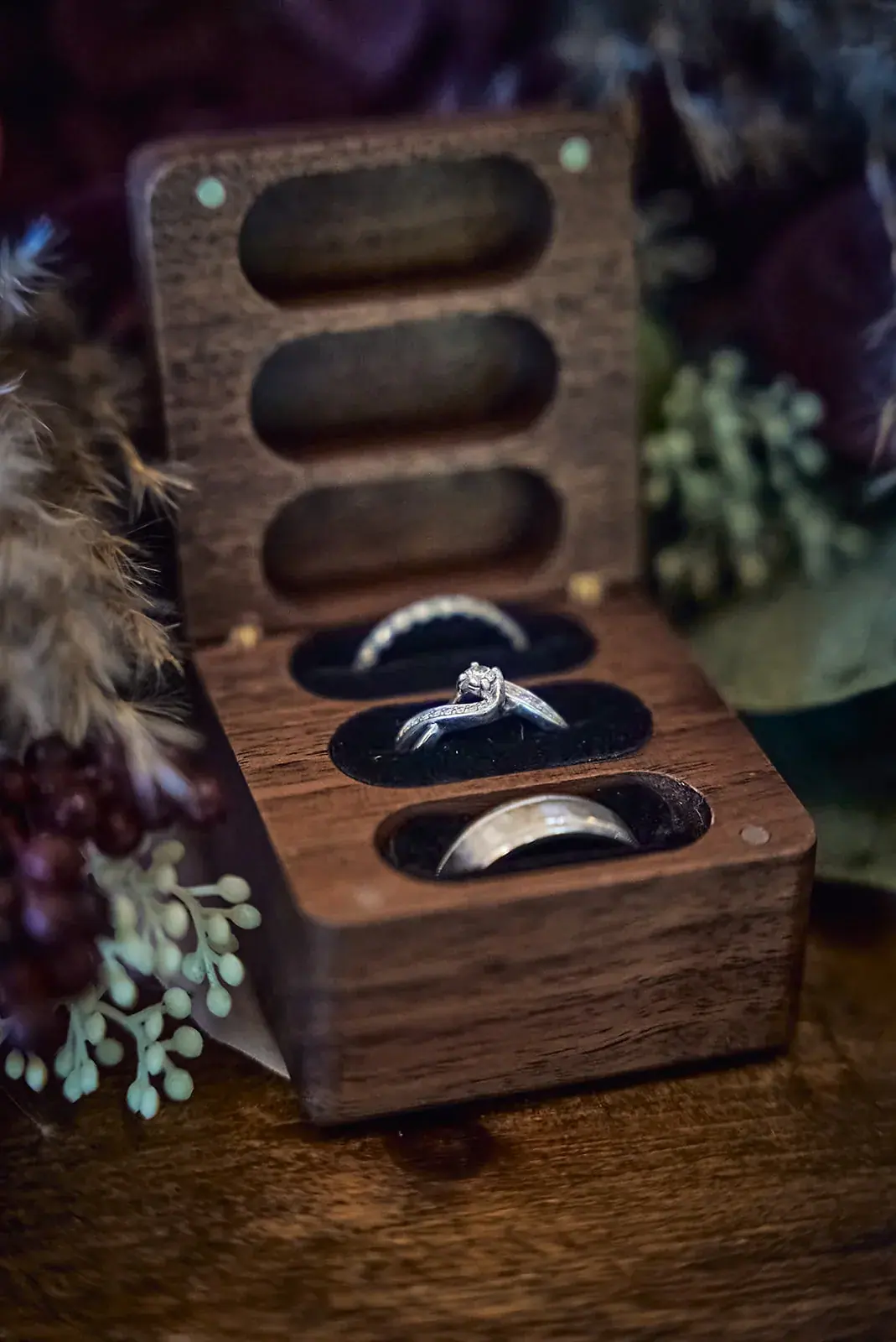 Wooden ring box detail — Jess & Bryce's wedding at The Manor at Fire Tower Hill, Lewiston
