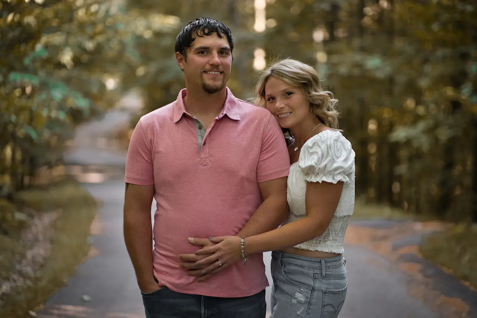 Couple wooded road — Jess & Bryce's engagement session