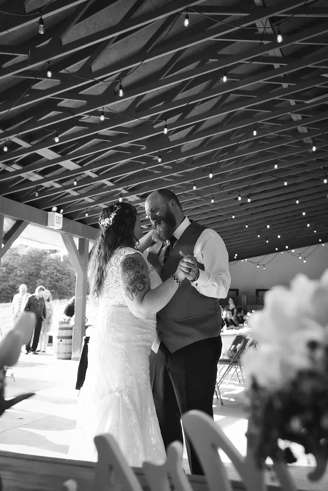 Black-and-white first dance at the Mackinaw Trail Winery reception in Petoskey