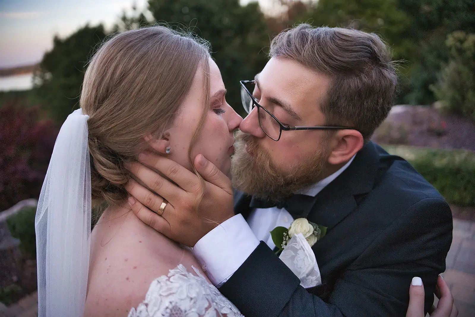 Bride and groom kiss close — Megan & AJ's wedding at The Manor at Fire Tower Hill, Lewiston