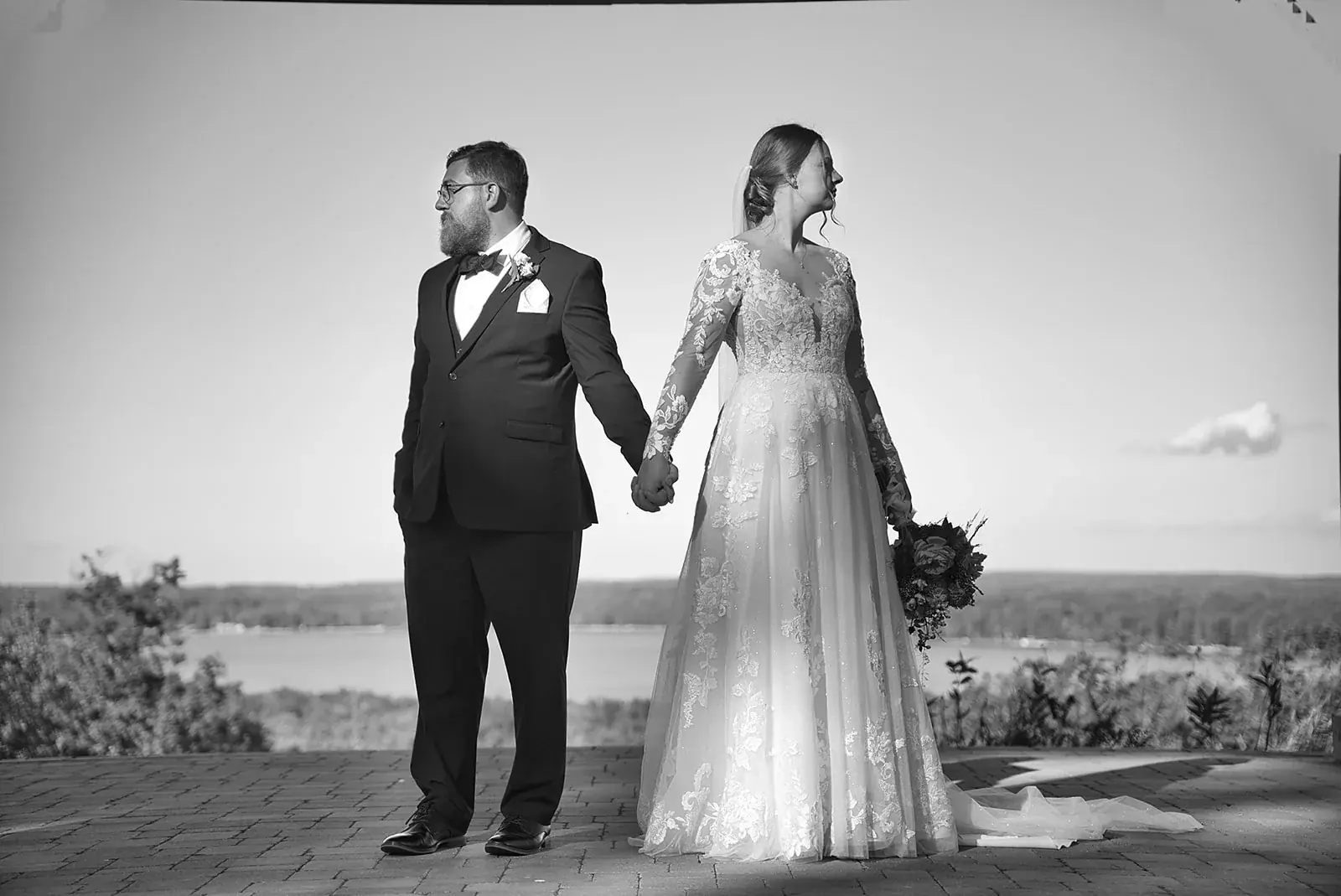 Bride and groom lake overlook in black and white — Megan & AJ's wedding at The Manor at Fire Tower Hill, Lewiston