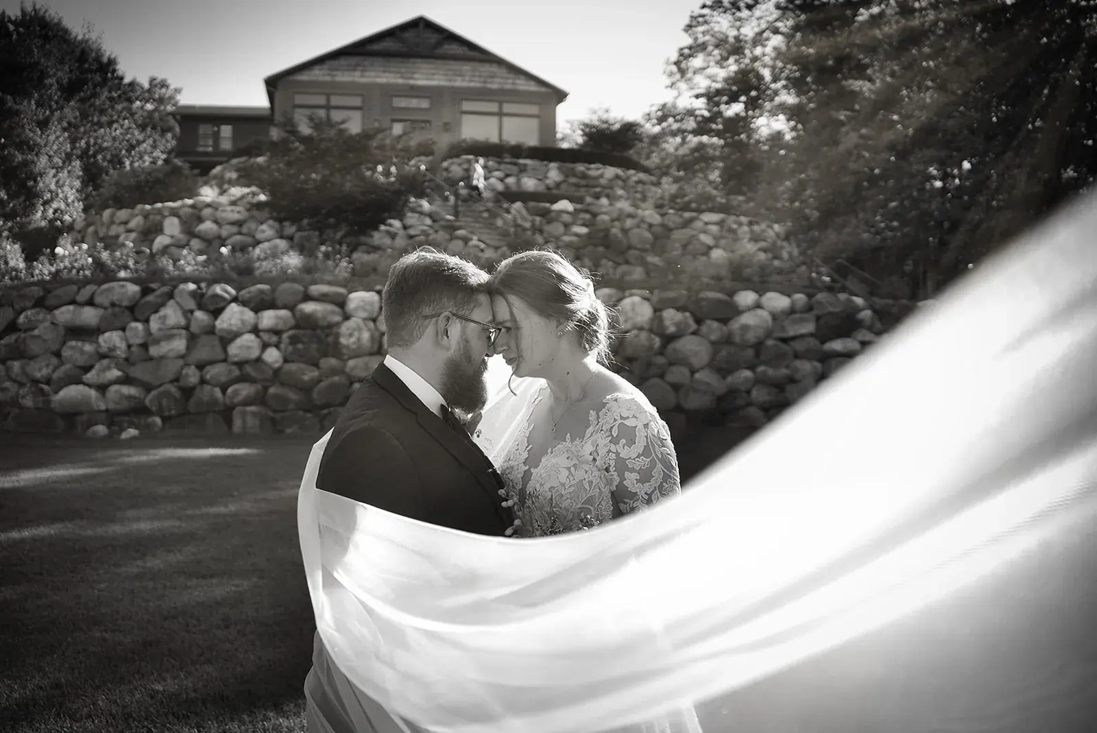 Bride and groom veil in black and white — Megan & AJ's wedding at The Manor at Fire Tower Hill, Lewiston