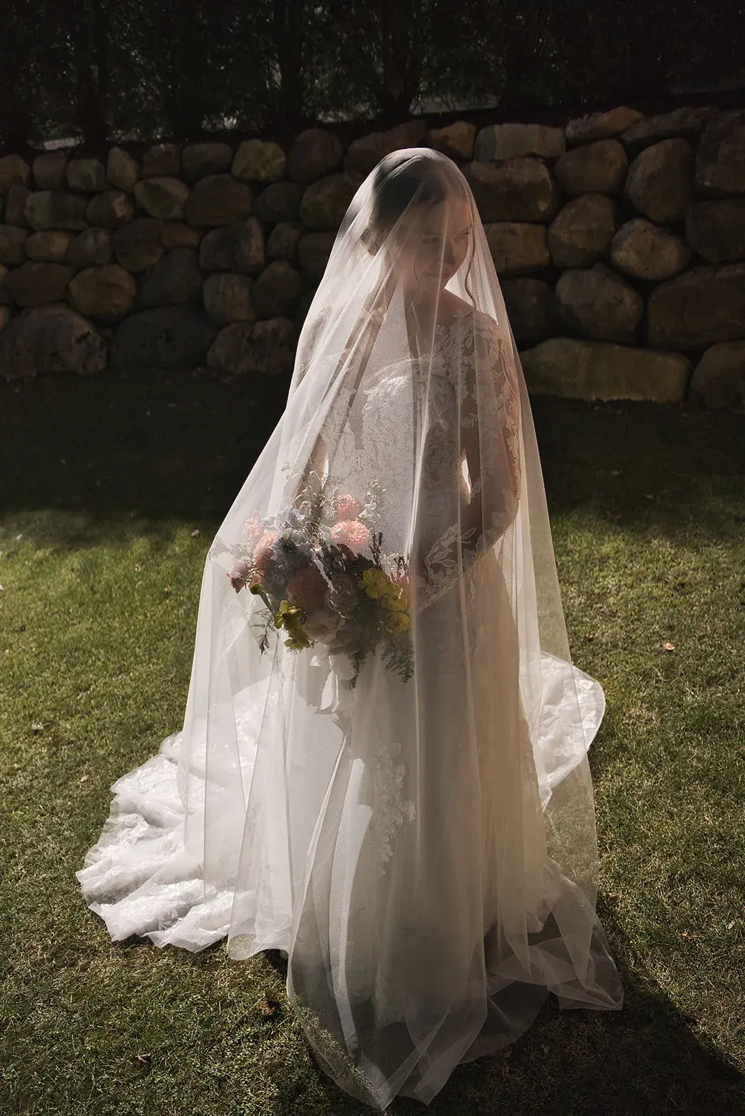 Bride veil back portrait — Megan & AJ's wedding at The Manor at Fire Tower Hill, Lewiston