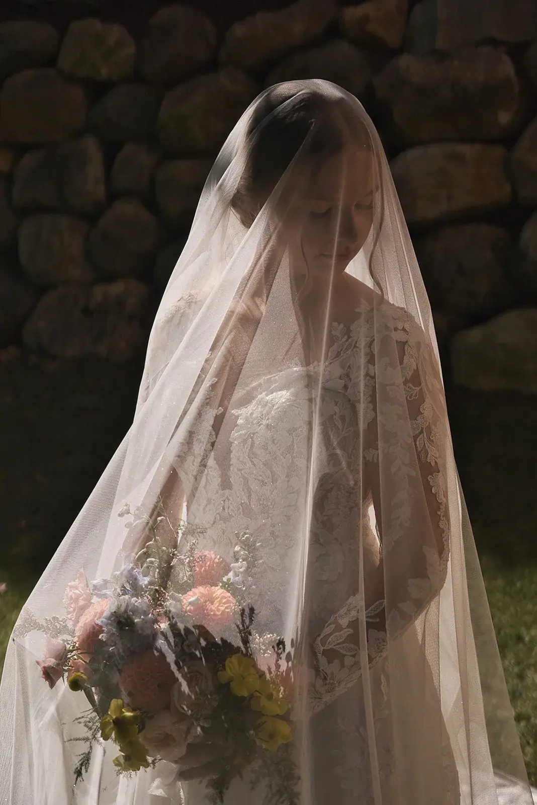 Bride veil back shadows — Megan & AJ's wedding at The Manor at Fire Tower Hill, Lewiston