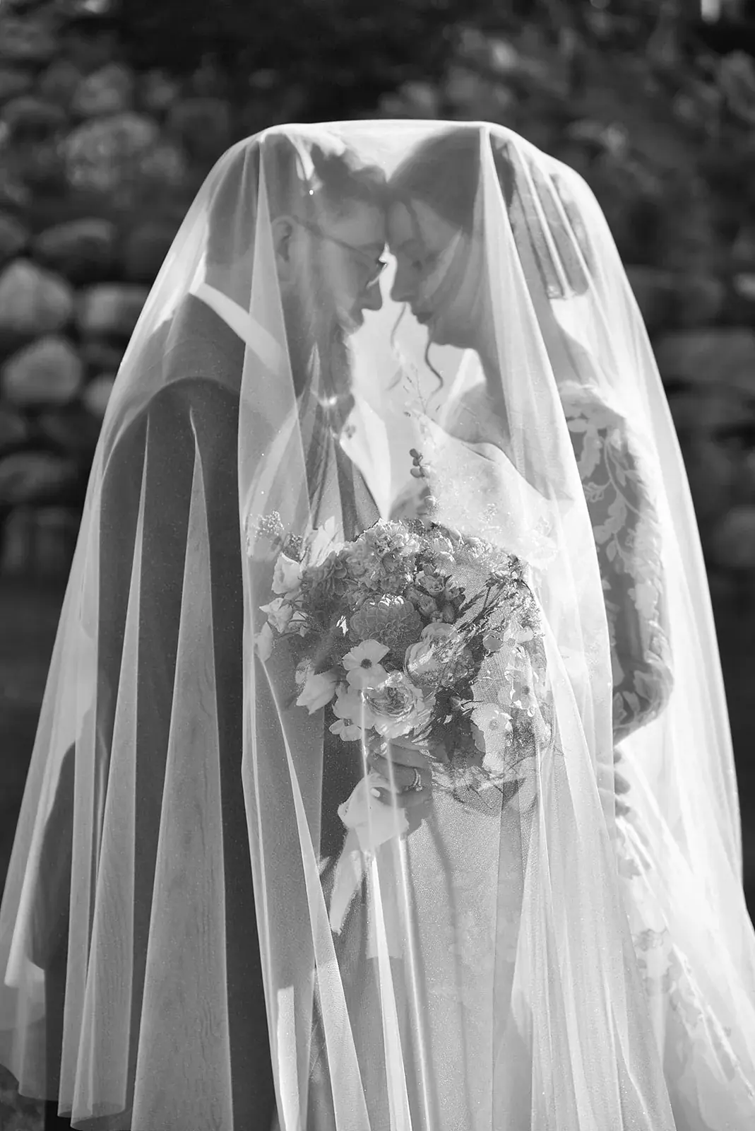 Bride veil bouquet in black and white — Megan & AJ's wedding at The Manor at Fire Tower Hill, Lewiston