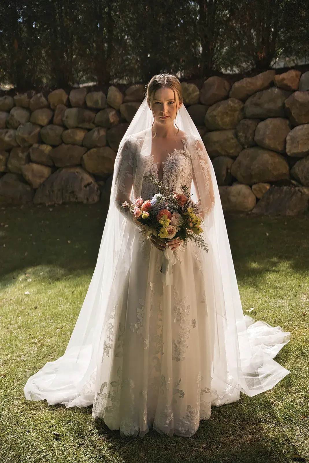 Bride veil portrait stone wall — Megan & AJ's wedding at The Manor at Fire Tower Hill, Lewiston