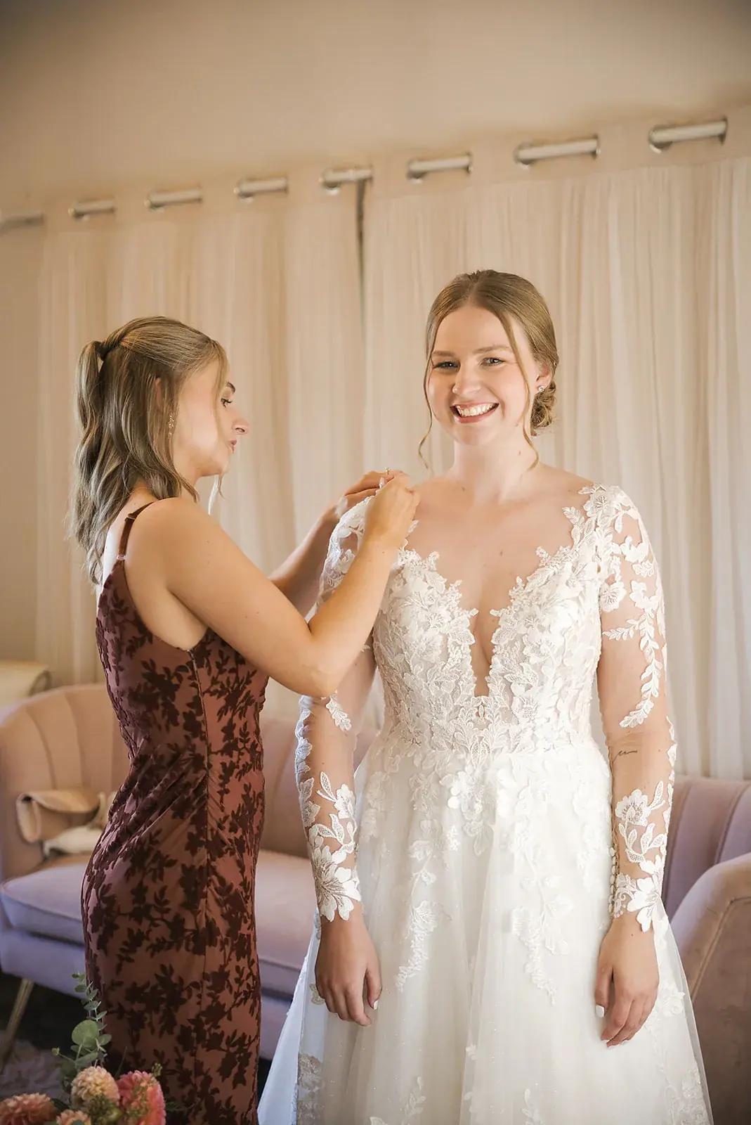Bridesmaid fixing gown — Megan & AJ's wedding at The Manor at Fire Tower Hill, Lewiston