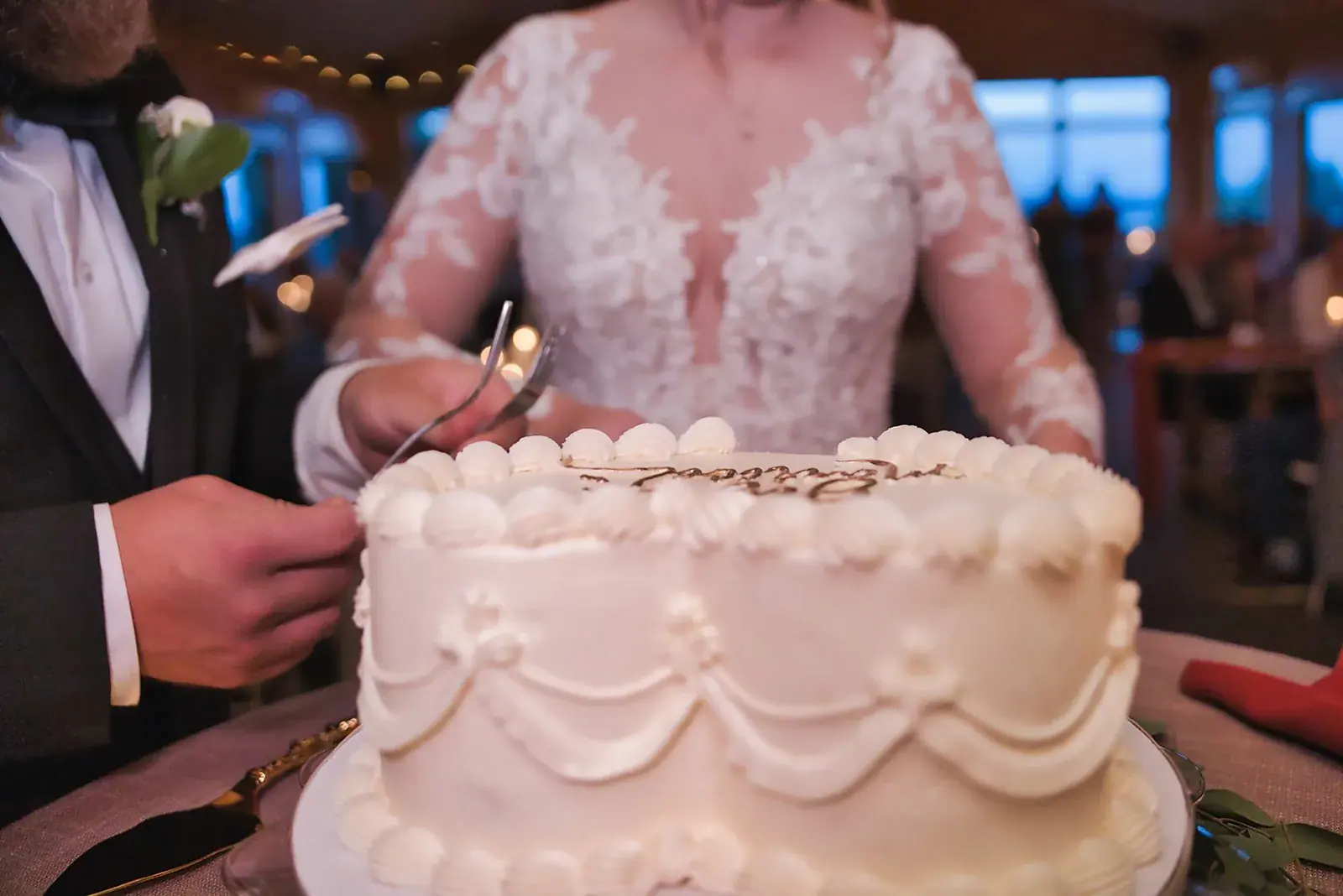Cake cutting reception — Megan & AJ's wedding at The Manor at Fire Tower Hill, Lewiston