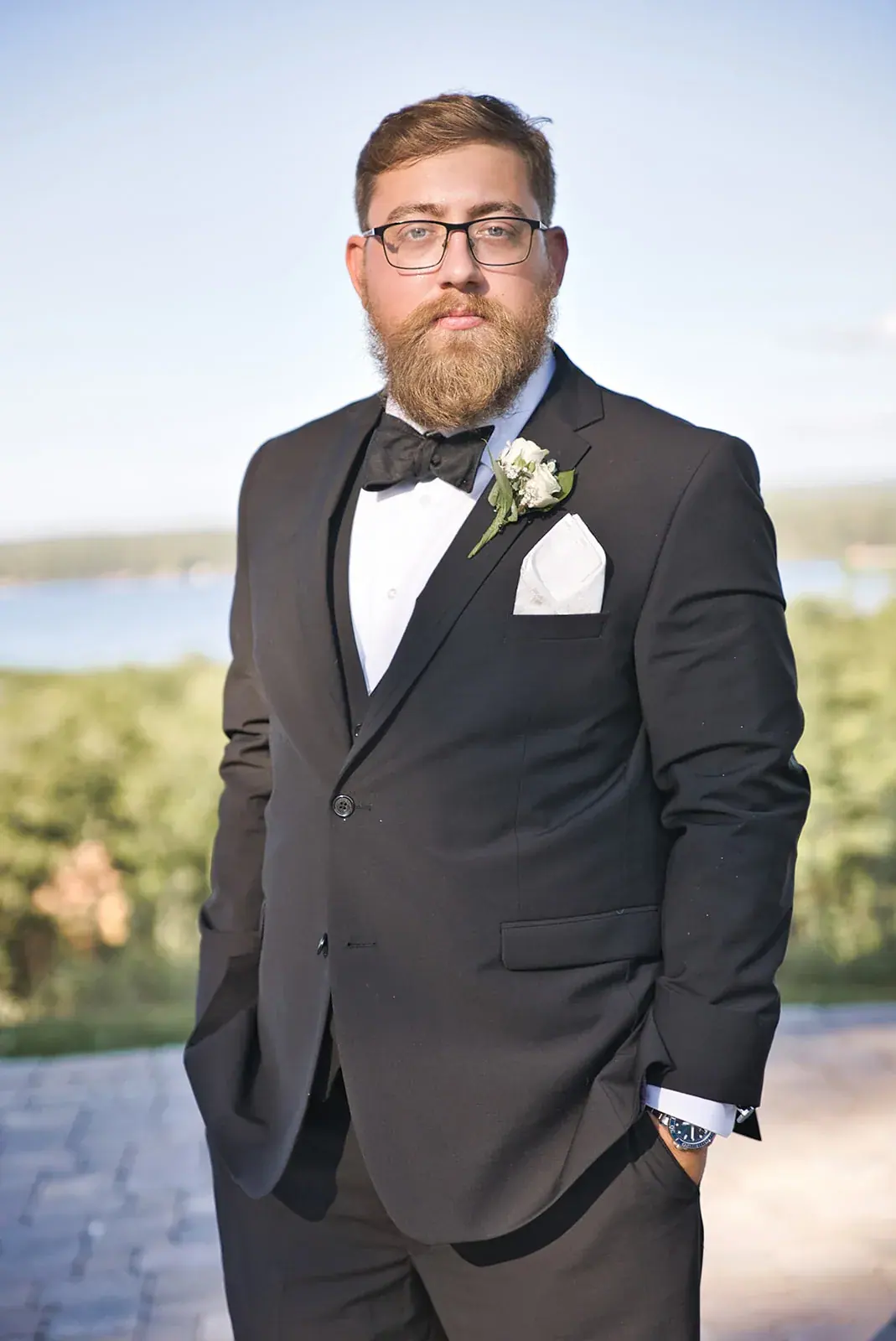 Groom portrait lake view — Megan & AJ's wedding at The Manor at Fire Tower Hill, Lewiston