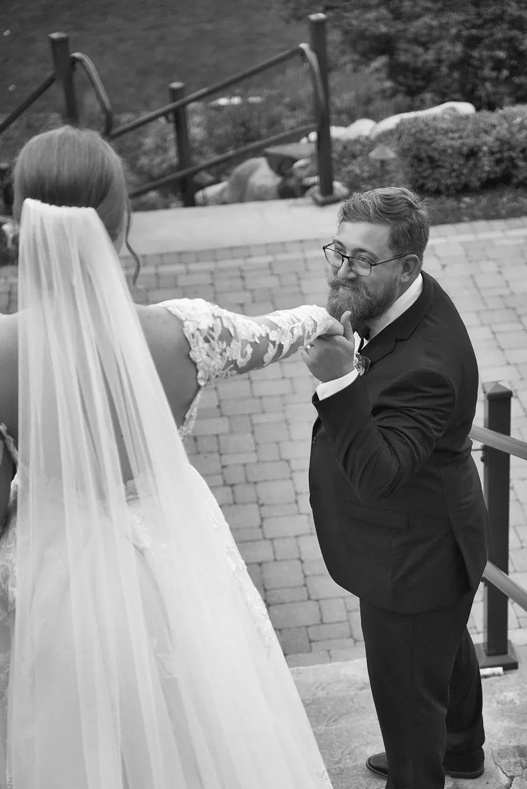 Groom reaction in black and white — Megan & AJ's wedding at The Manor at Fire Tower Hill, Lewiston