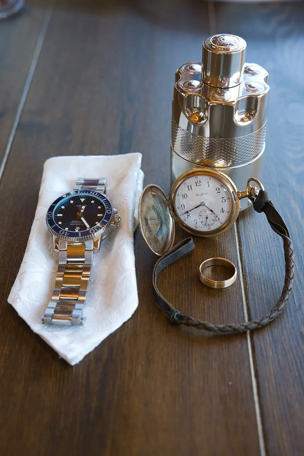 Groom watch cologne detail — Megan & AJ's wedding at The Manor at Fire Tower Hill, Lewiston