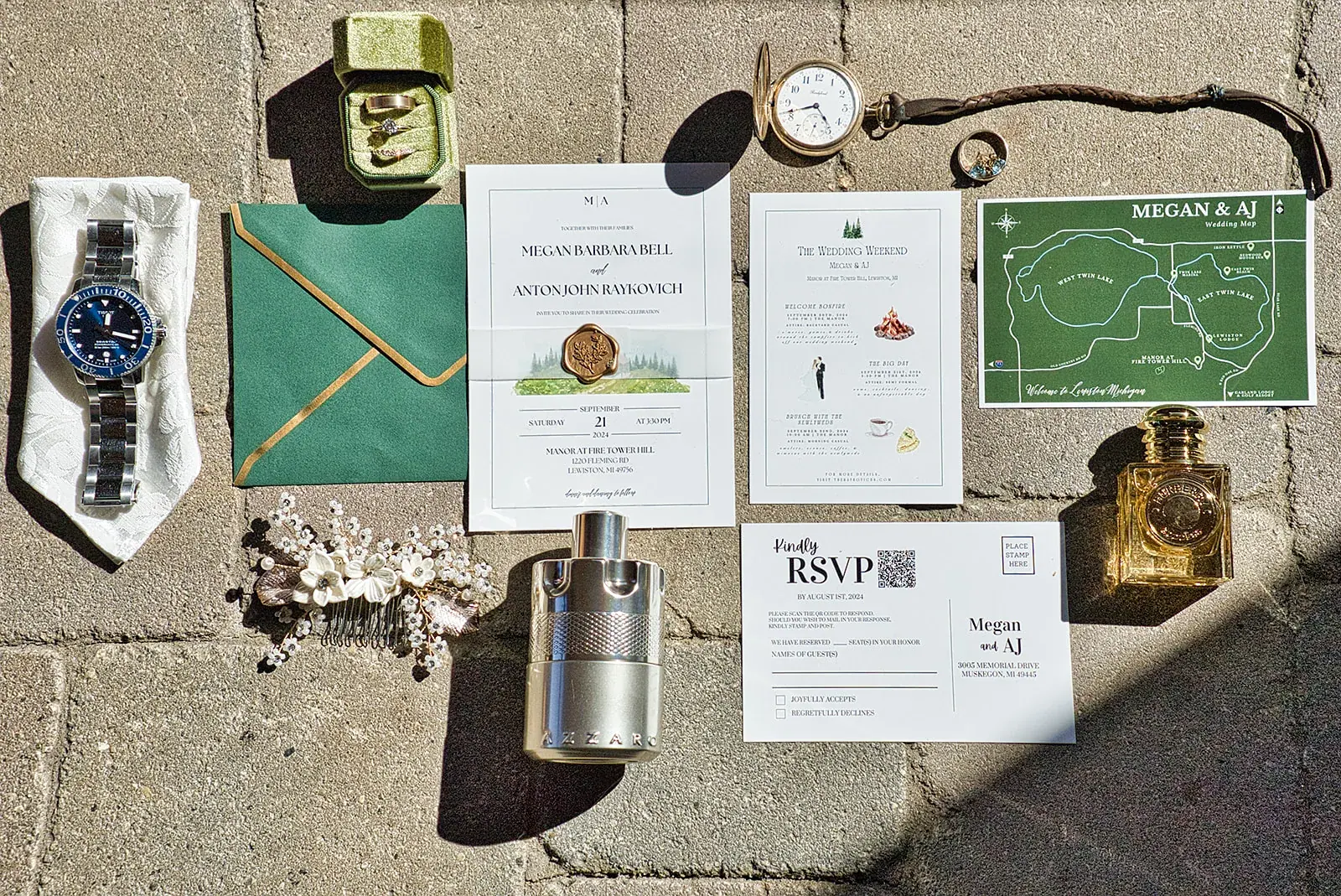 Invitation suite flatlay — Megan & AJ's wedding at The Manor at Fire Tower Hill, Lewiston