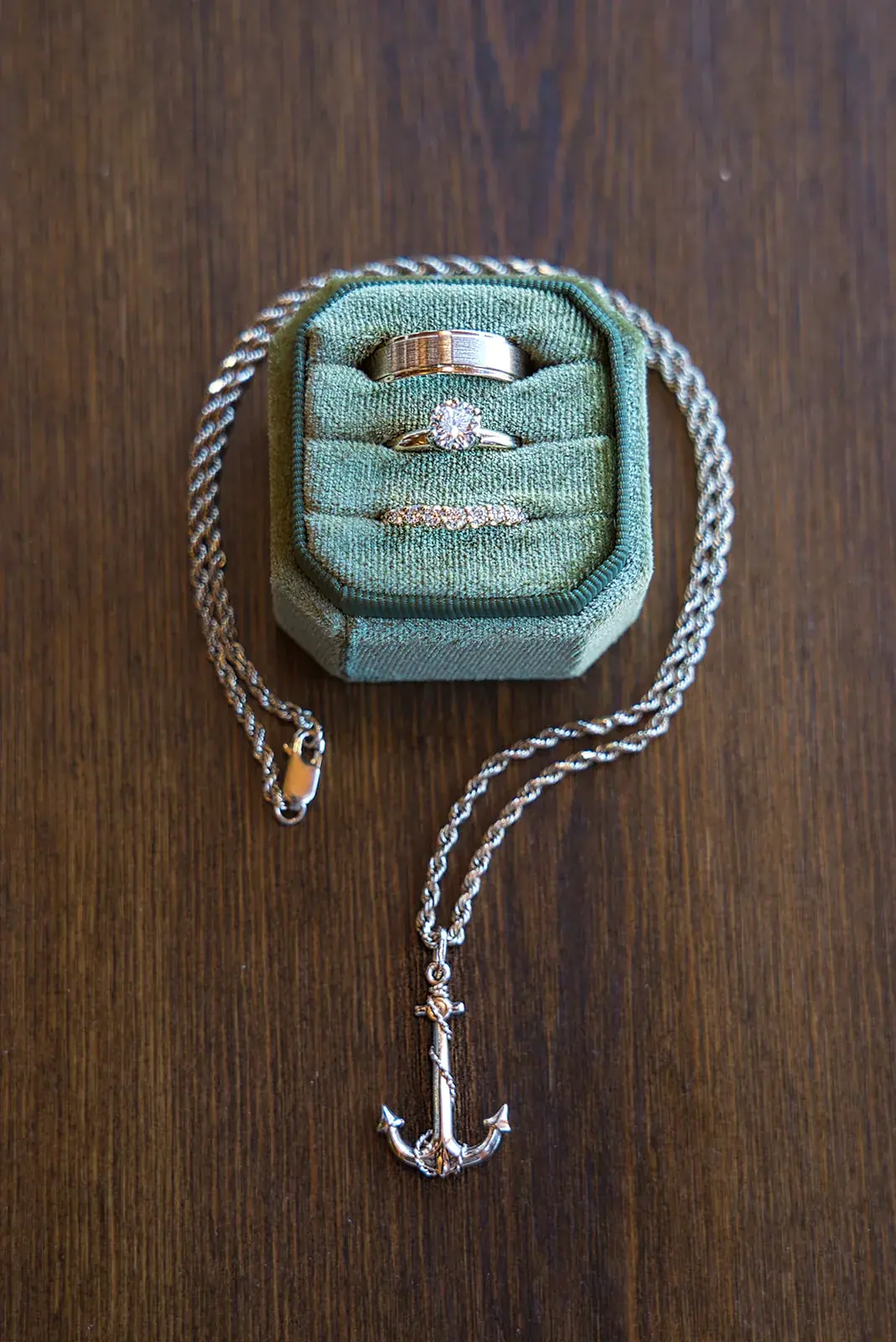 Ring box anchor necklace detail — Megan & AJ's wedding at The Manor at Fire Tower Hill, Lewiston
