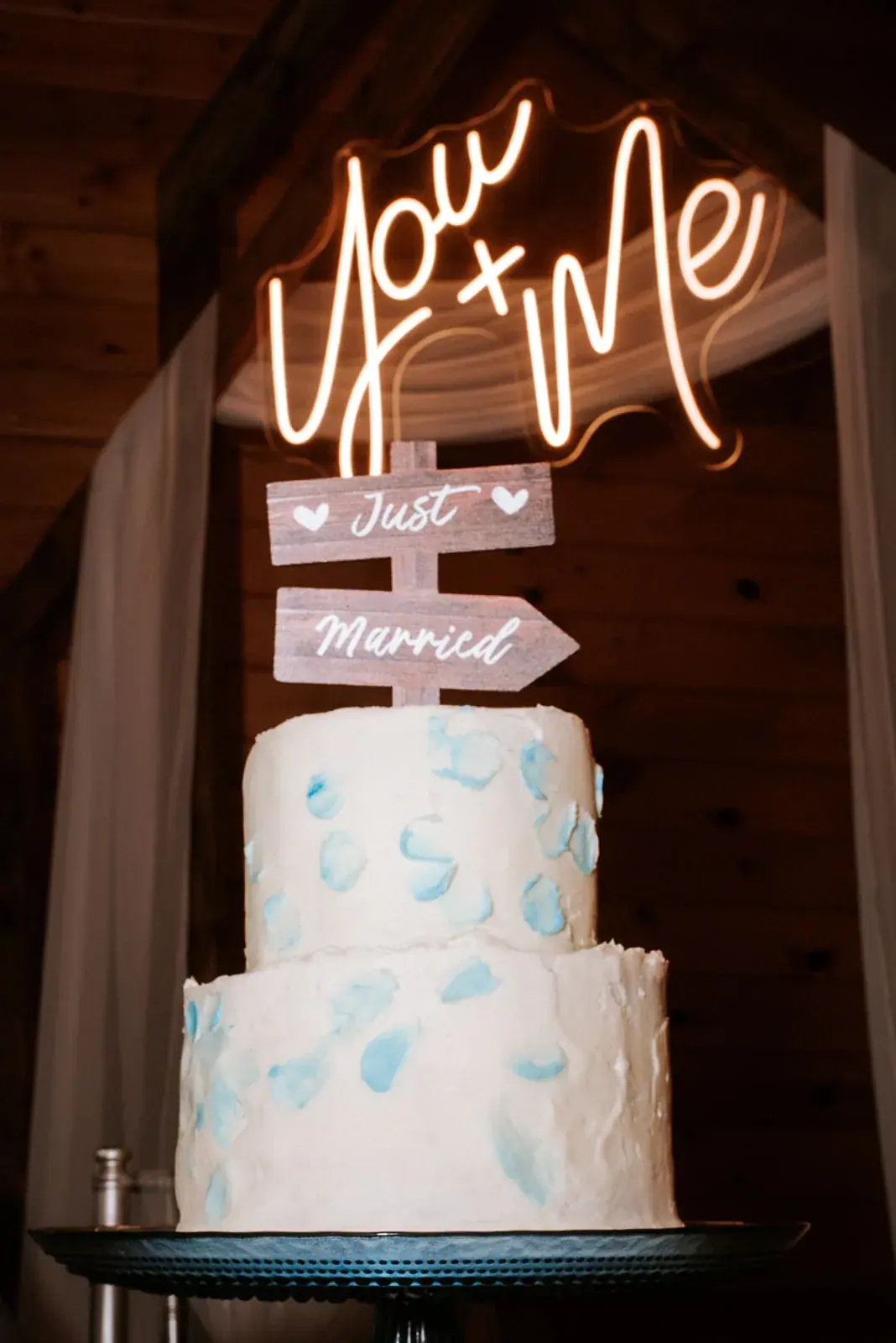 Wedding cake neon you and me sign — Patty & Nick's wedding at The Manor at Fire Tower Hill, Lewiston