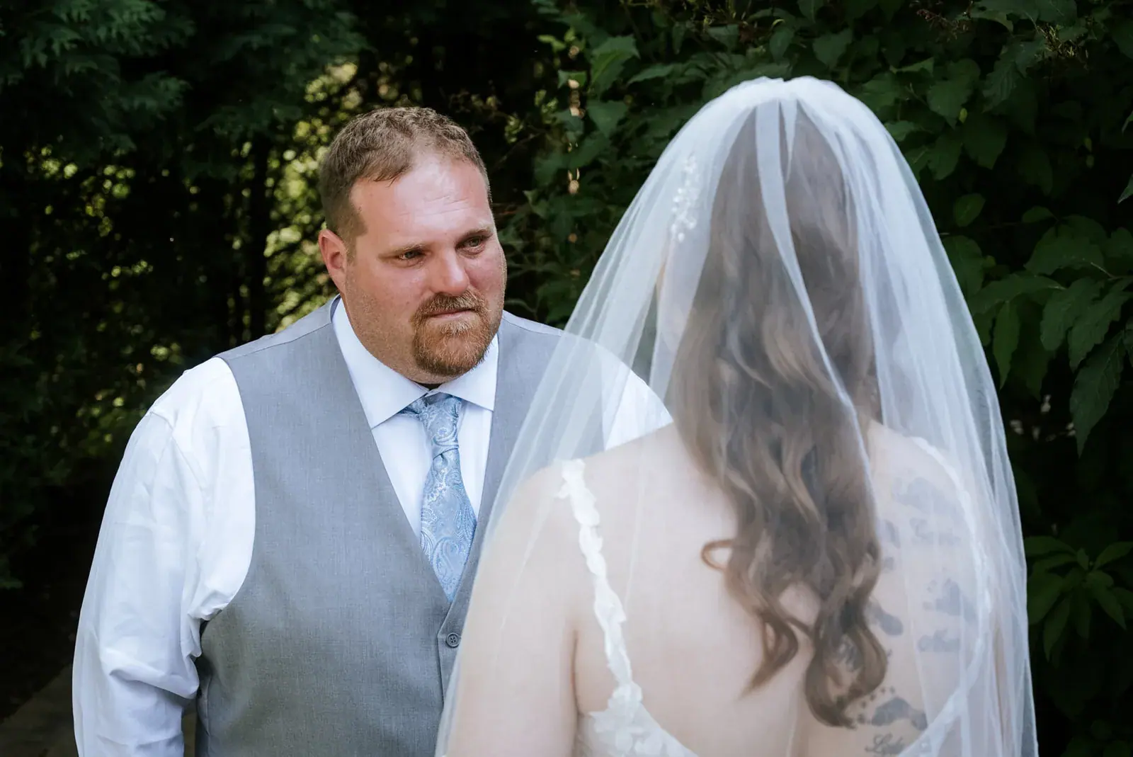 First look face to face — Patty & Nick's wedding at The Manor at Fire Tower Hill, Lewiston