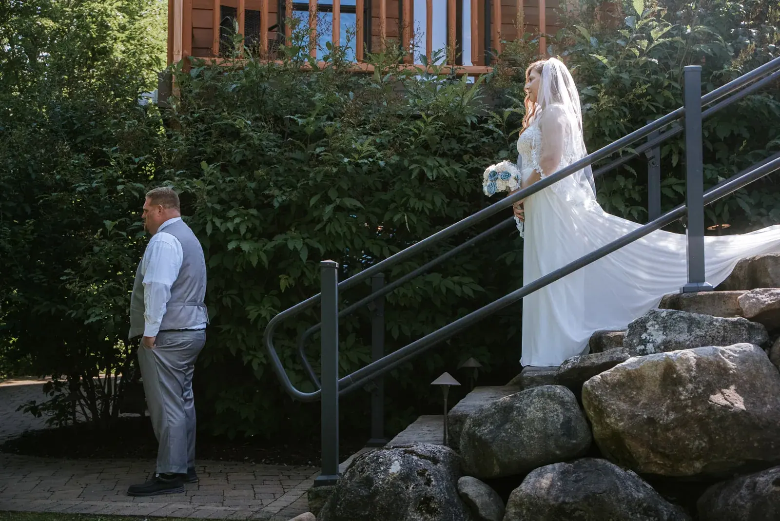 First look stone steps — Patty & Nick's wedding at The Manor at Fire Tower Hill, Lewiston