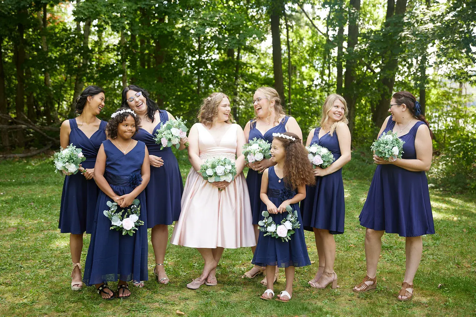 Bride bridesmaids woods — Rachel & Alberto's wedding at Higher Ground at Lake Louise, Boyne Falls