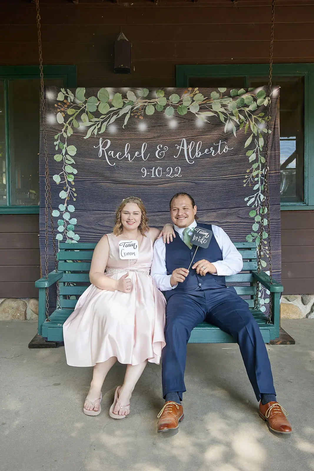 Bride and groom swing welcome sign — Rachel & Alberto's wedding at Higher Ground at Lake Louise, Boyne Falls