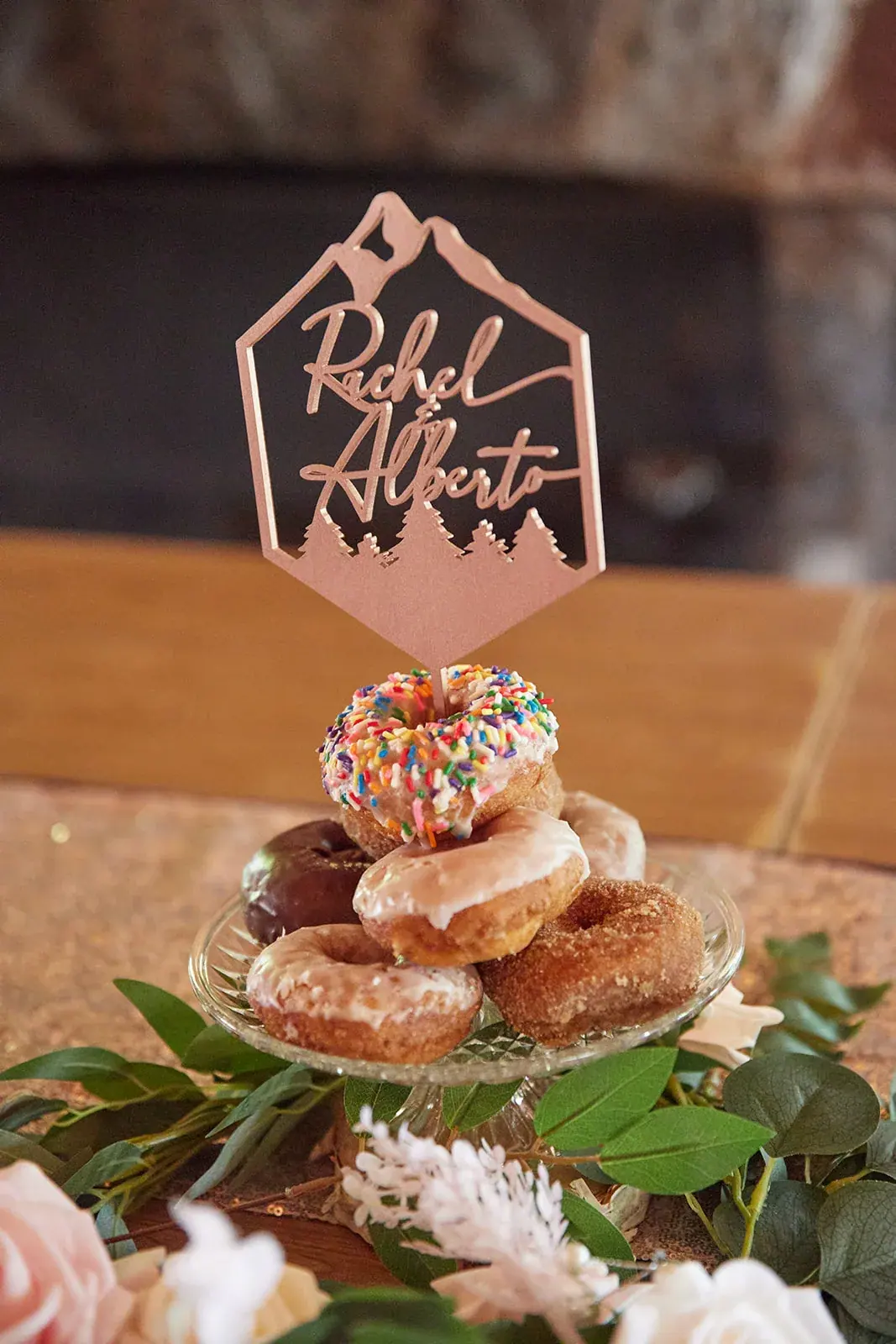 Donut tower cake topper — Rachel & Alberto's wedding at Higher Ground at Lake Louise, Boyne Falls
