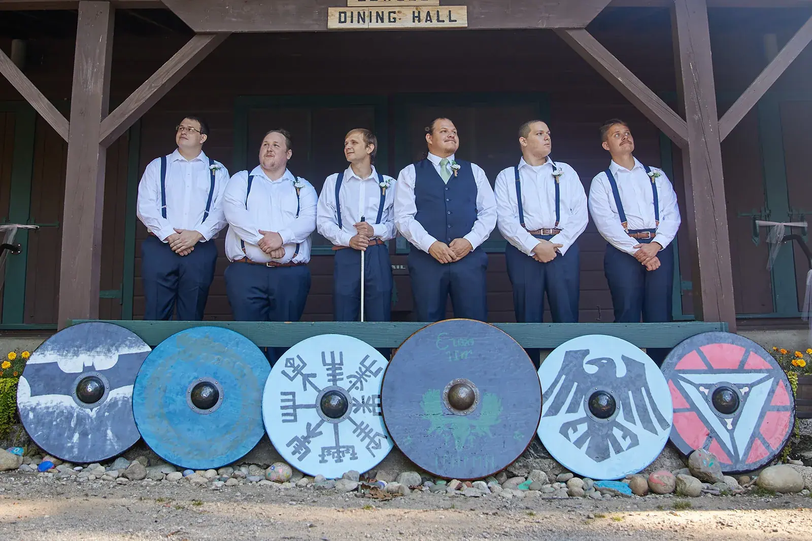 Groomsmen viking shields — Rachel & Alberto's wedding at Higher Ground at Lake Louise, Boyne Falls