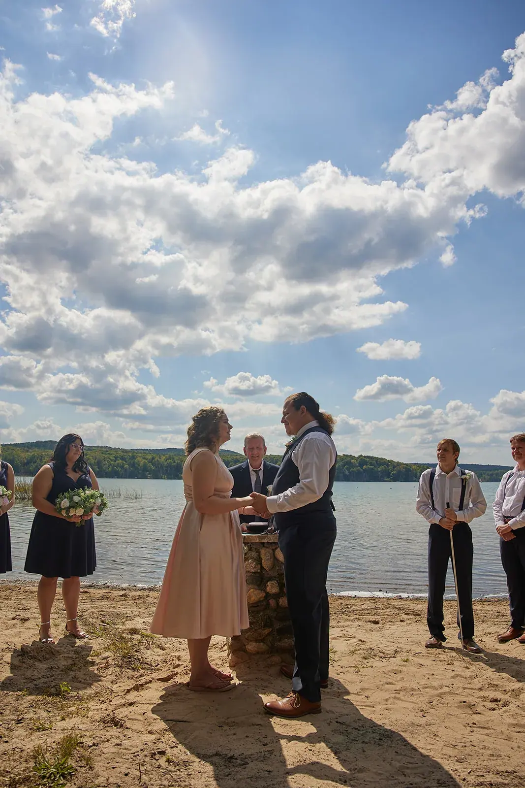 Lakeside ceremony wide — Rachel & Alberto's wedding at Higher Ground at Lake Louise, Boyne Falls