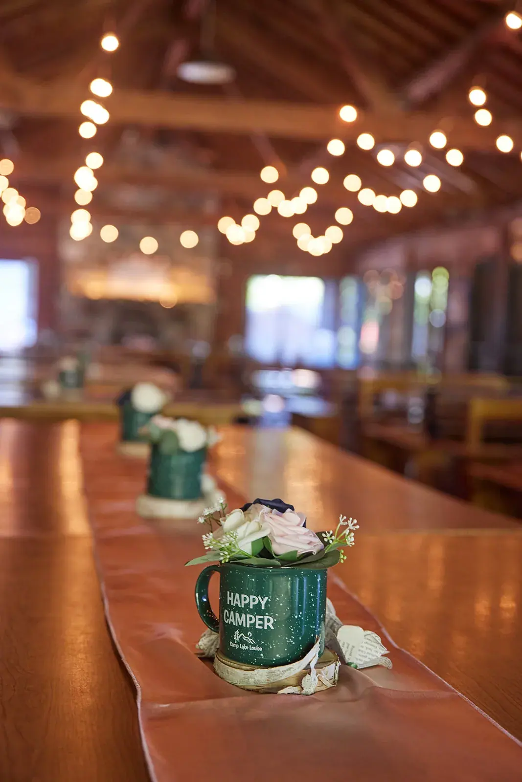 Lodge reception string lights — Rachel & Alberto's wedding at Higher Ground at Lake Louise, Boyne Falls