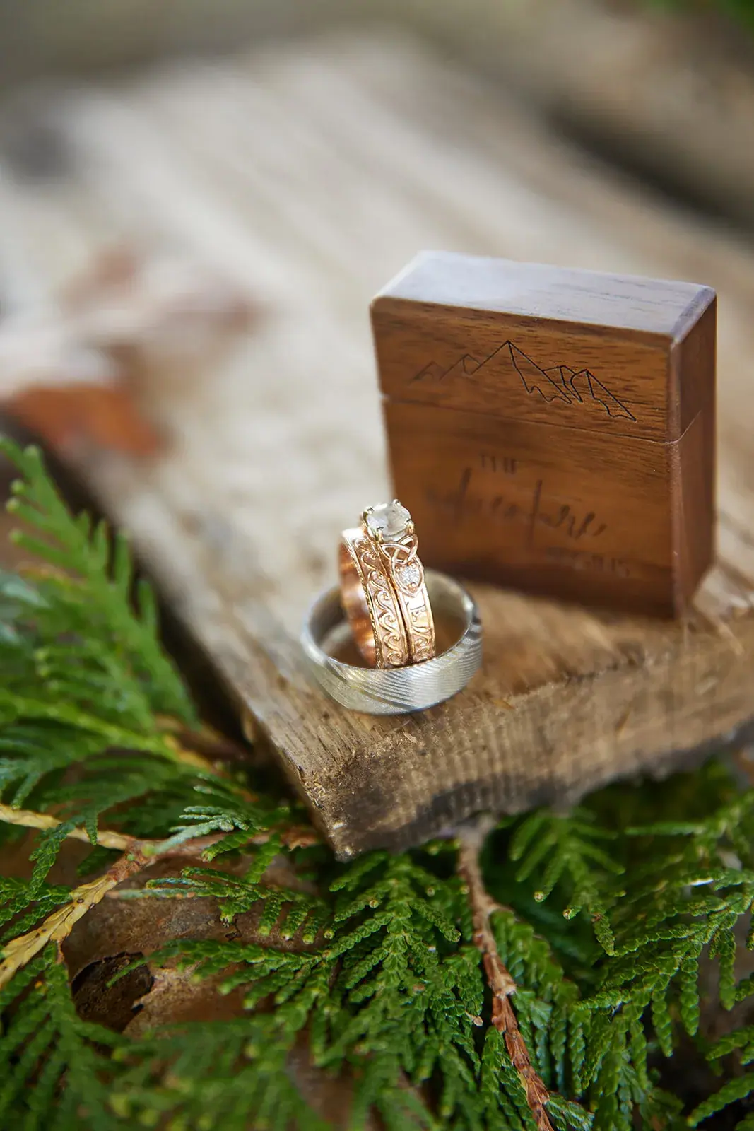 Ring box wood detail — Rachel & Alberto's wedding at Higher Ground at Lake Louise, Boyne Falls