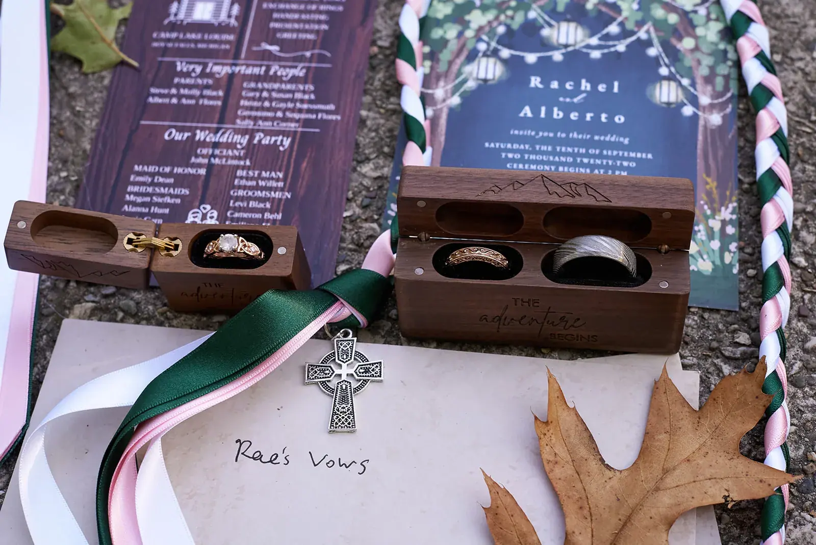 Vow books ring boxes detail — Rachel & Alberto's wedding at Higher Ground at Lake Louise, Boyne Falls